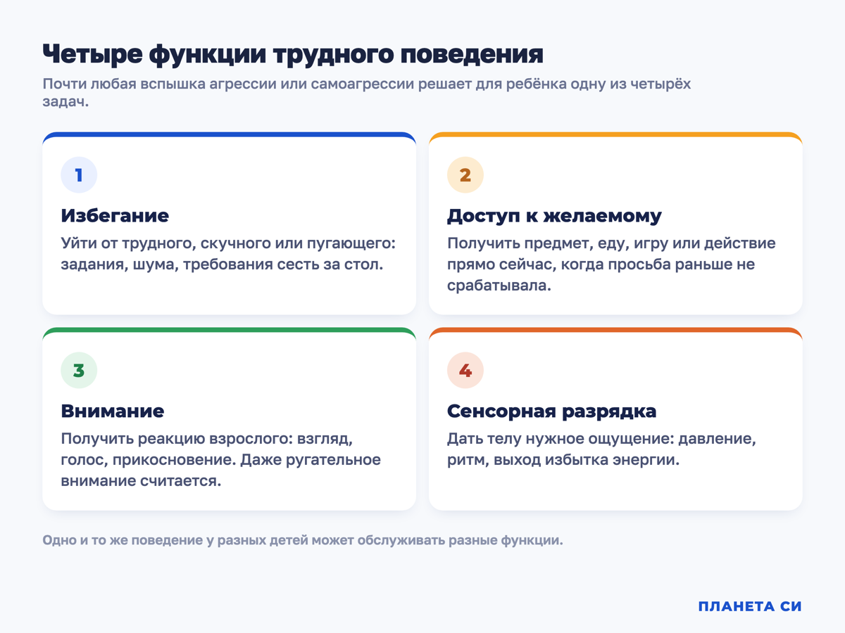 Схема: четыре функции трудного поведения — избегание, доступ, внимание, сенсорная саморегуляция