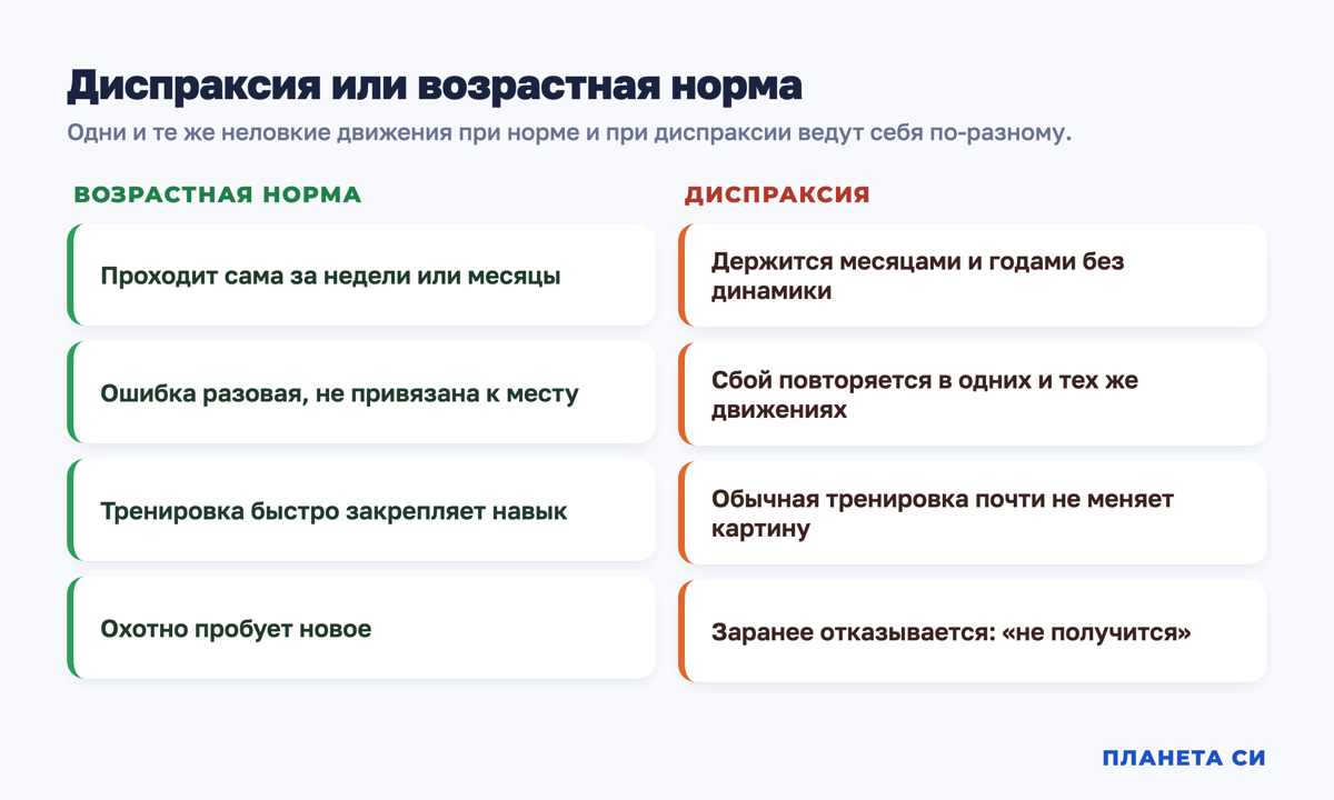 Схема: четыре различия между диспраксией и возрастной нормой